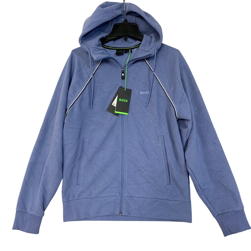 NWT BOSS Men's S Blue Saggy Full Zip Hoodie Waffle Cotton Blend Stretch
